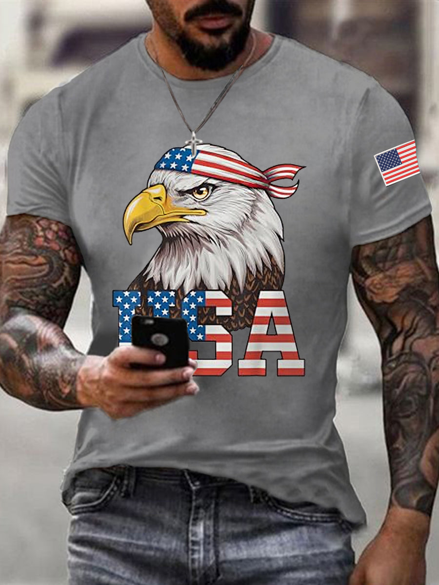 Men's American Flag Bald Eagle Print Casual Tee