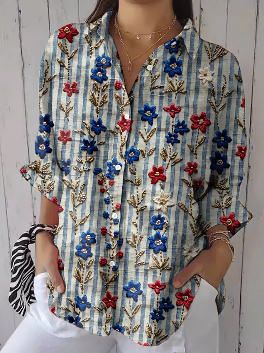 Women's Vintage Casual Independence Day Patriotic Floral Print Shirt