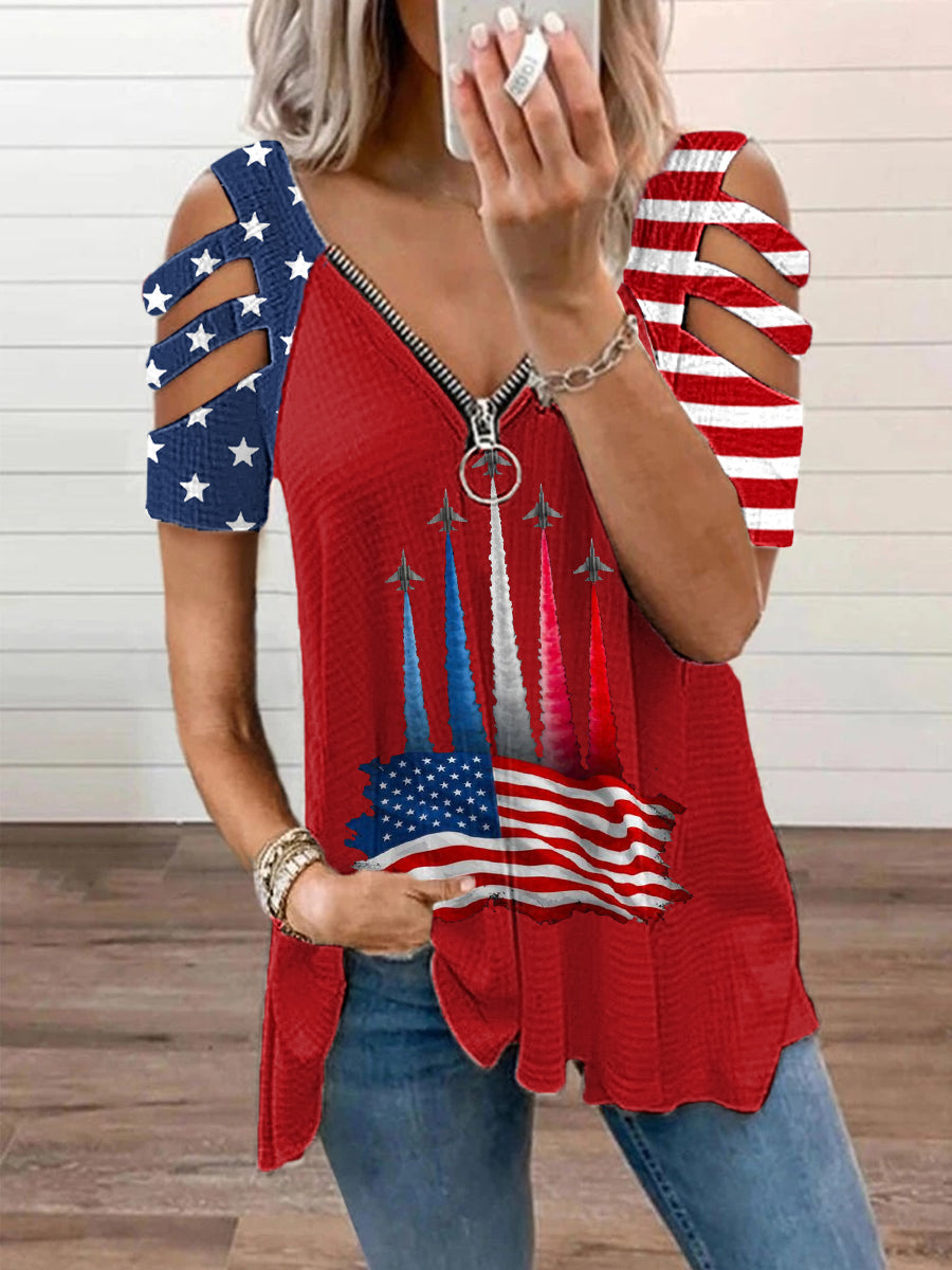 Women's Independence Day American Flag Jet Planes Print Casual Zipper V-Neck  Top