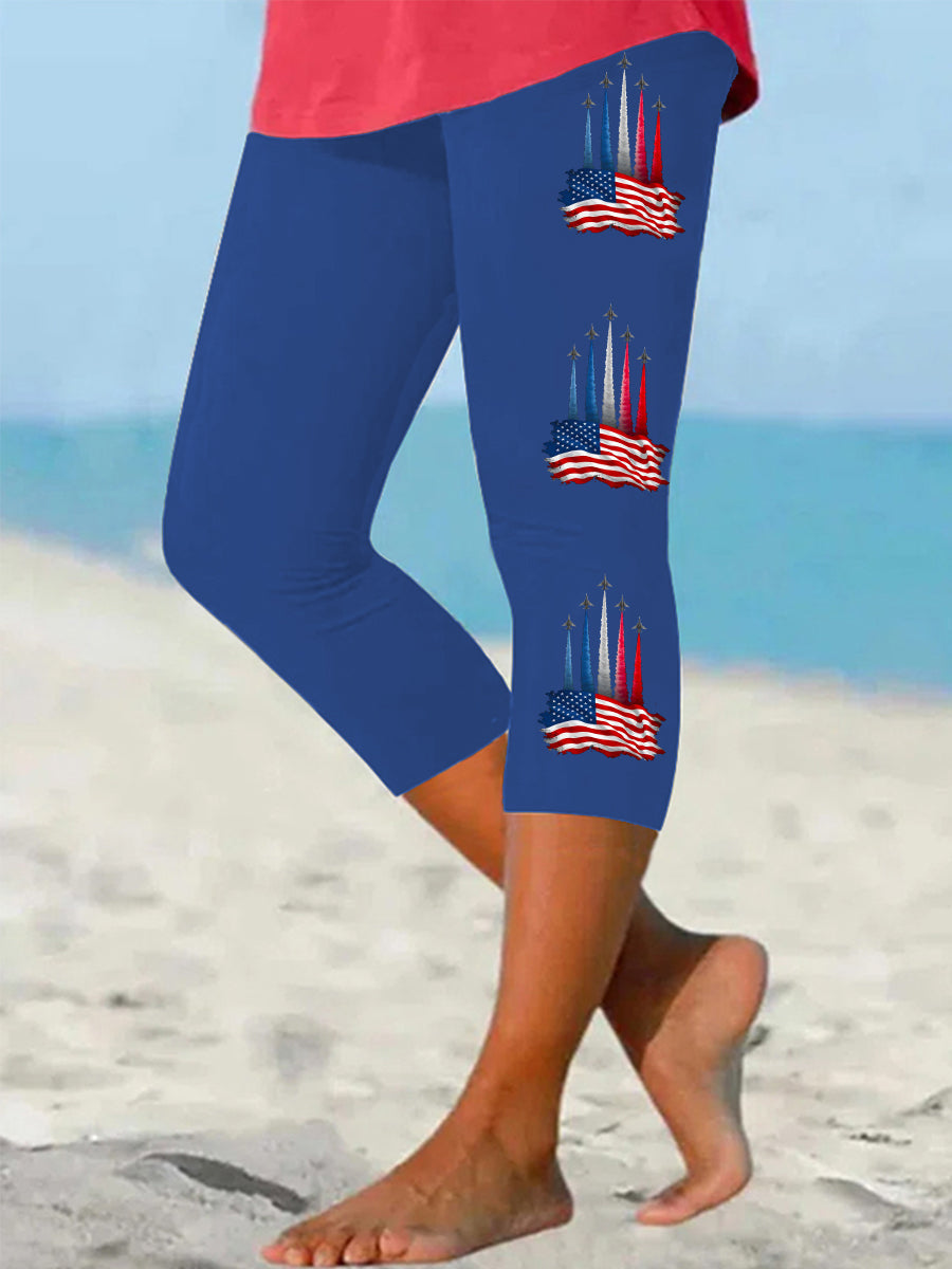 Women's Independence Day American Flag Jet Planes Print Casual Cropped Leggings