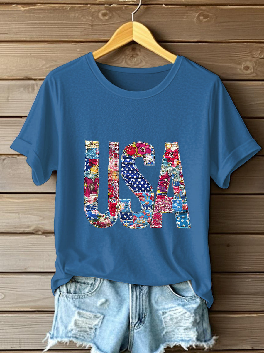 Women's Independence Day Retro Patchwork Flag Short-sleeved T-shirt