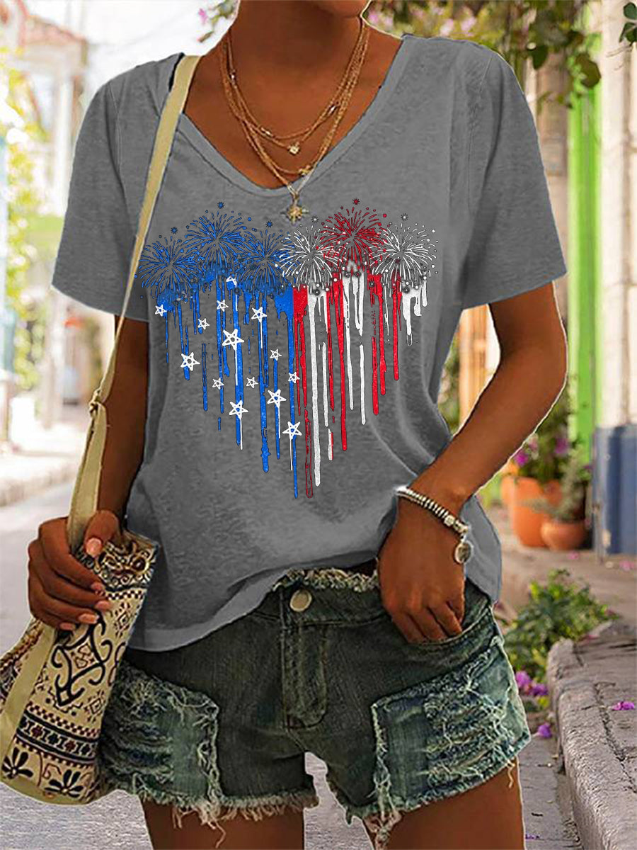 Women's Independence Day American Flag Fireworks Heart Print Casual V-Neck Tee