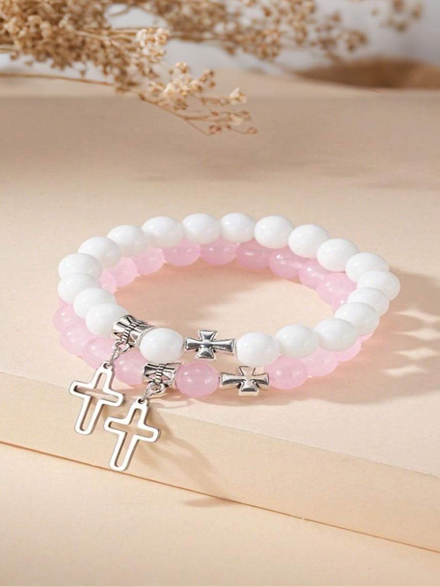 Unisex Couple's Cross Glass Beaded Bracelet Set