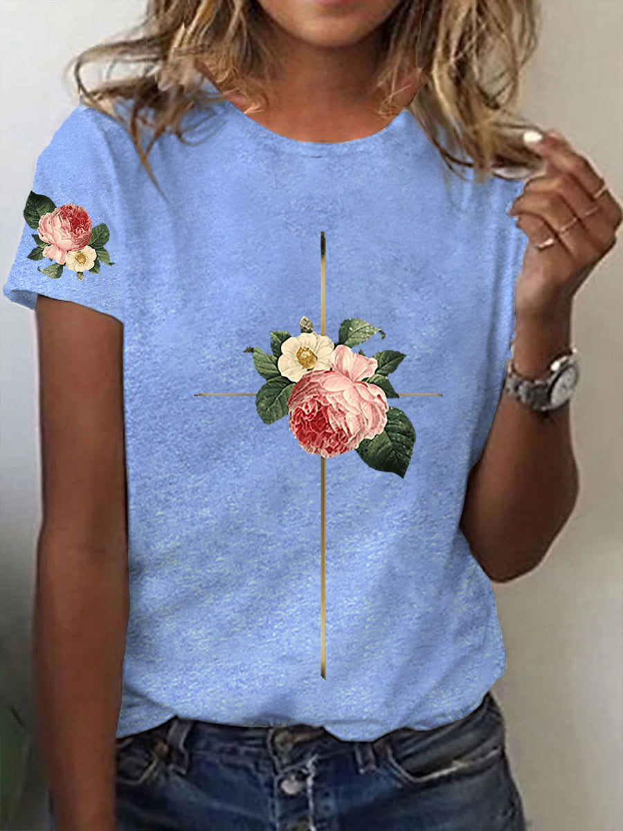 Women's Faith Cross Flowers Short Sleeve T-Shirt