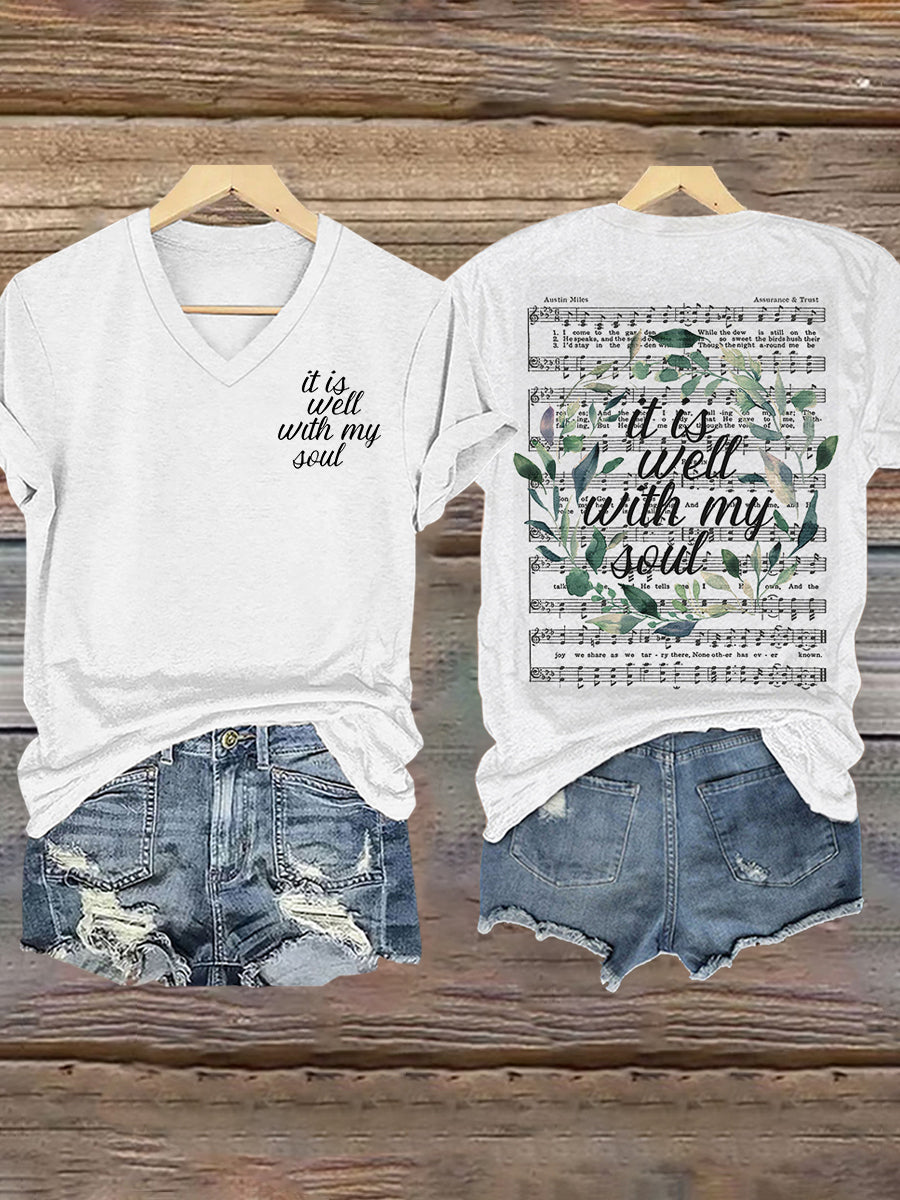 Women's It is Well With My Soul Floral V-Neck T-Shirt