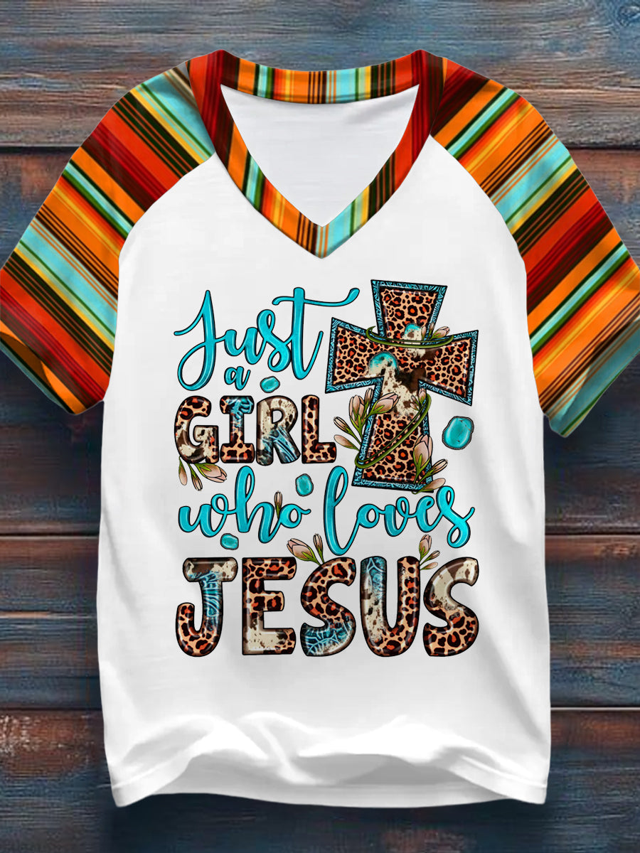 Women's Just A Girl Who Loves Jesus Western Christian Print Casual V-Neck Tee