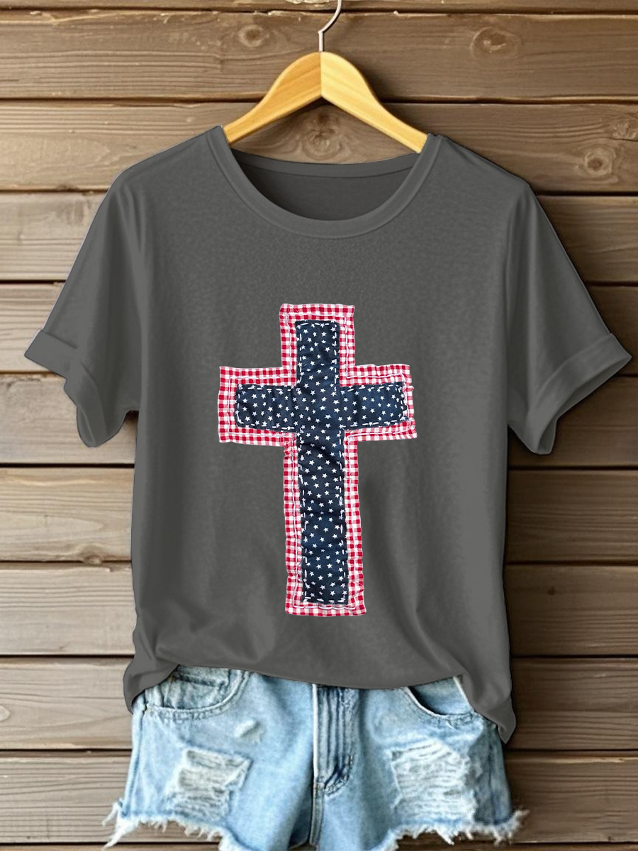 Women's Patchwork Art Cross Print Casual T-shirt