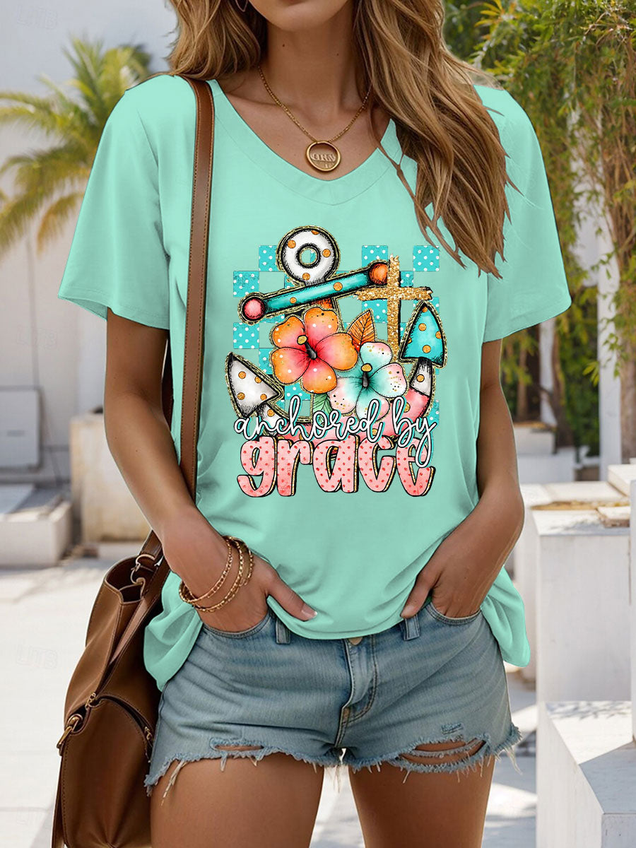 Women's Anchored By Grace Printed Casual T-Shirt