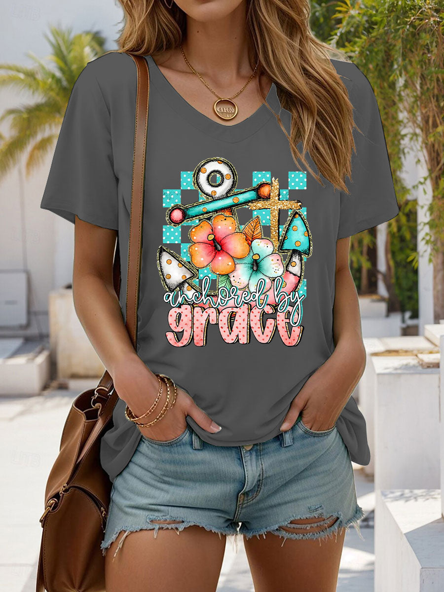 Women's Anchored By Grace Printed Casual T-Shirt