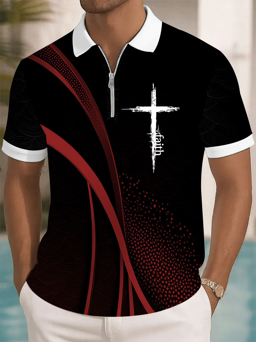 Men's Faith Cross Printed Casual Zip-Up Top