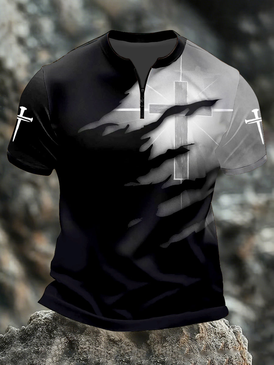 Men's Faith Glowing Cross Print Zipper T-shirt