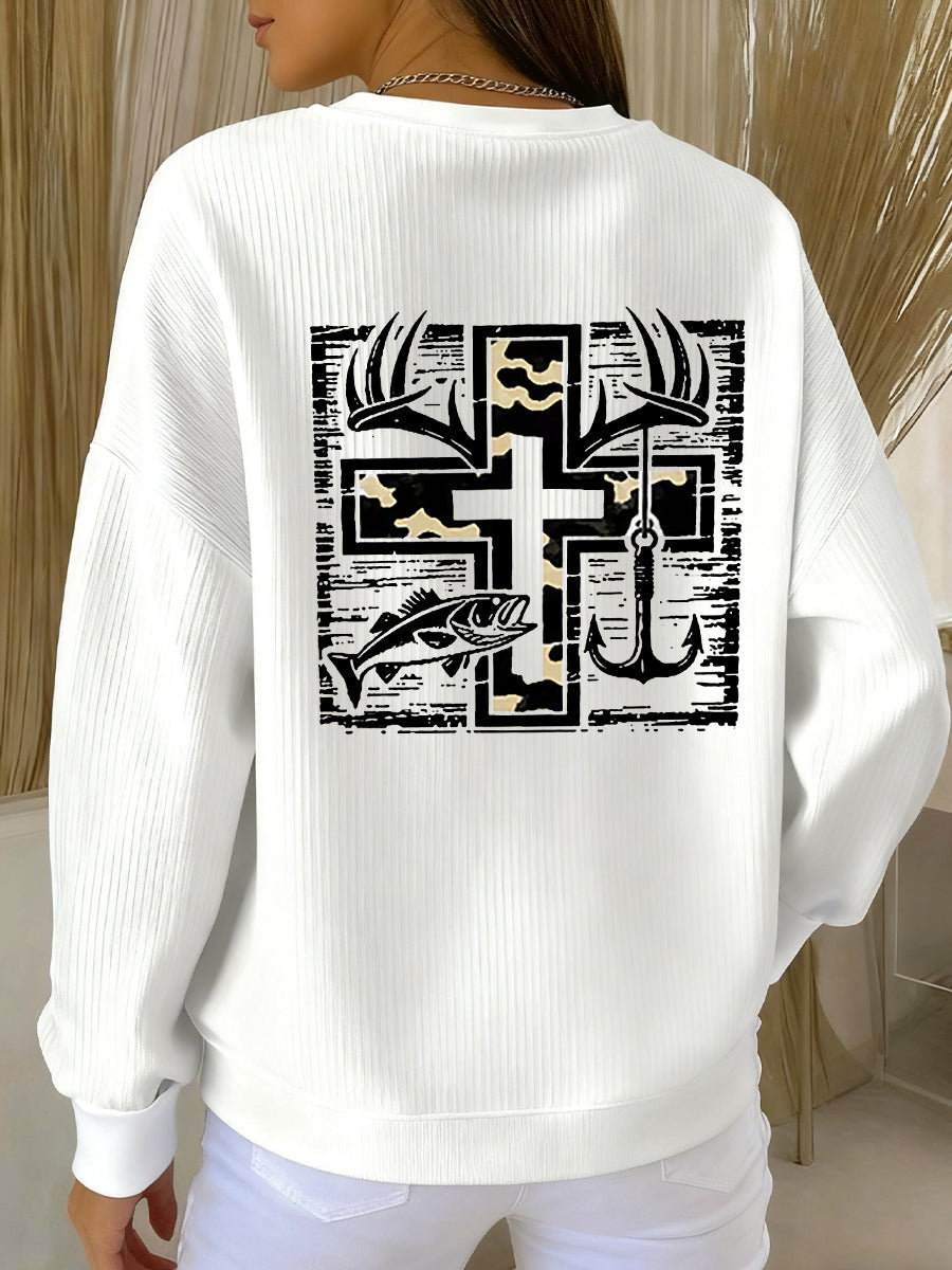 Women's Retro Faith Fishing Hunting Print Casual Sweatshirt