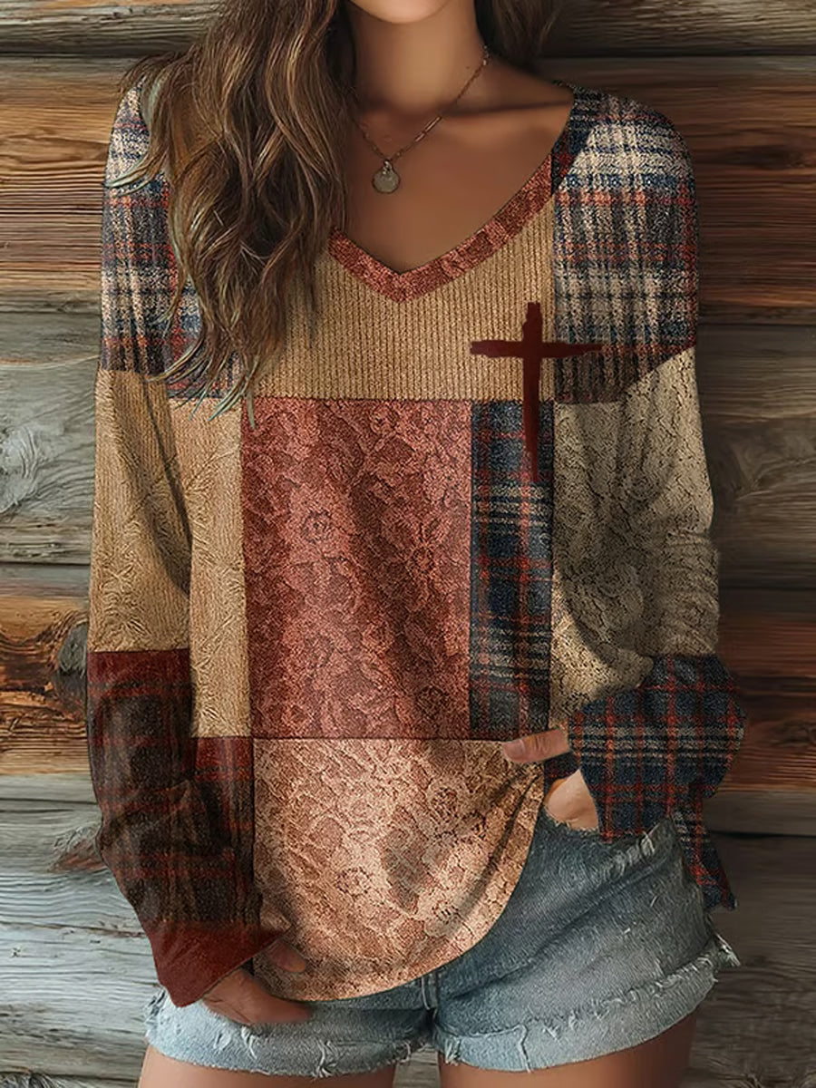 Women's Retro Casual Faith Cross Art Print  V-Neck T-Shirt
