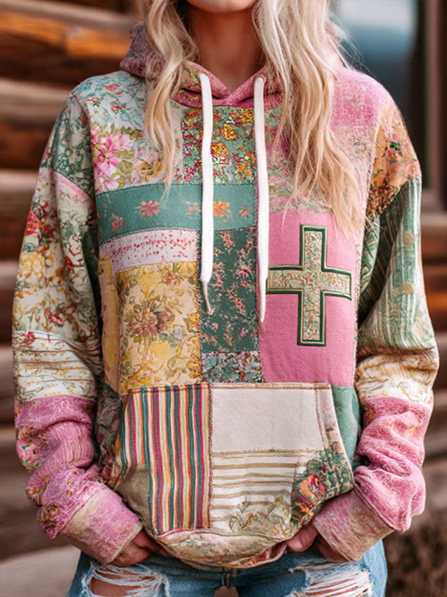Women's Floral Cross Print Casual Hoodie