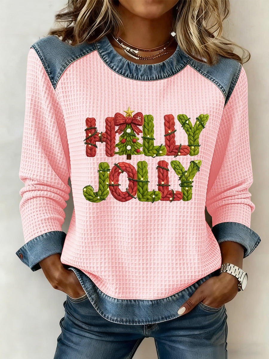 Women's Merry Christmas Christmas Tree Art  Printed Casual Waffle Top