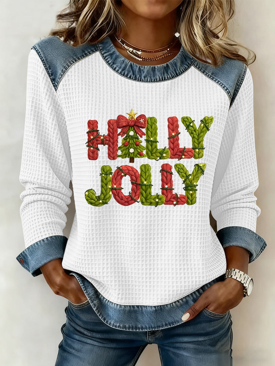 Women's Merry Christmas Christmas Tree Art  Printed Casual Waffle Top