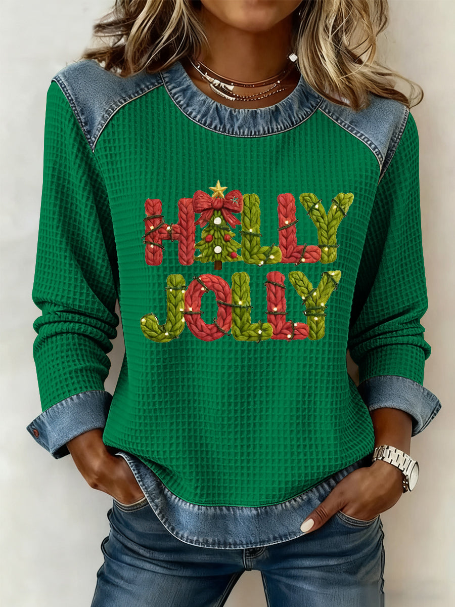 Women's Merry Christmas Christmas Tree Art  Printed Casual Waffle Top