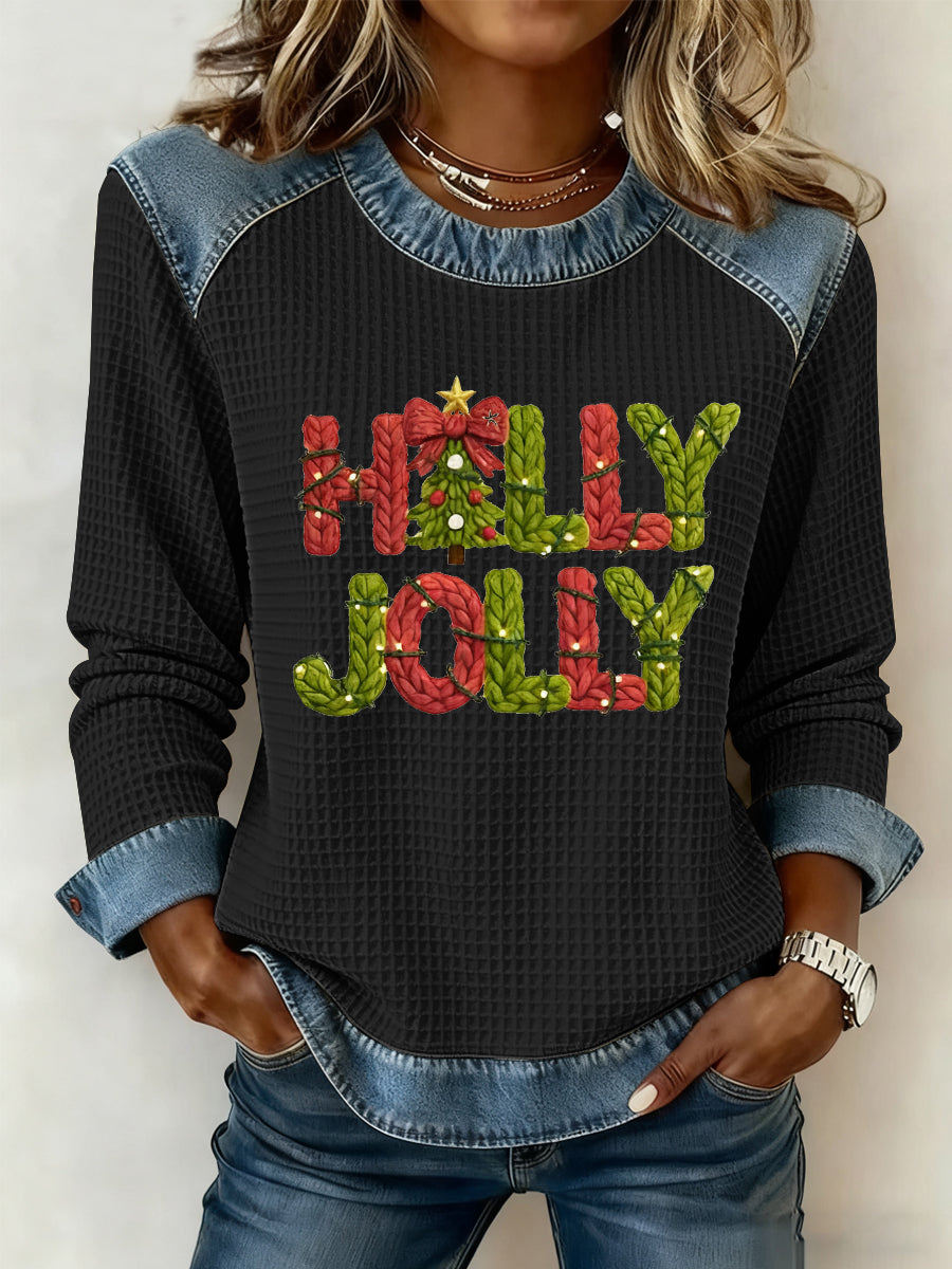 Women's Merry Christmas Christmas Tree Art  Printed Casual Waffle Top