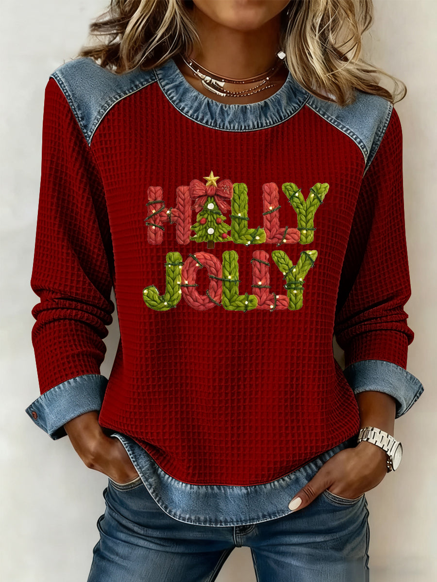 Women's Merry Christmas Christmas Tree Art  Printed Casual Waffle Top
