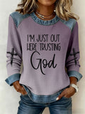 Women's I'm Just Out Here Trusting God Denim Patchwork Top