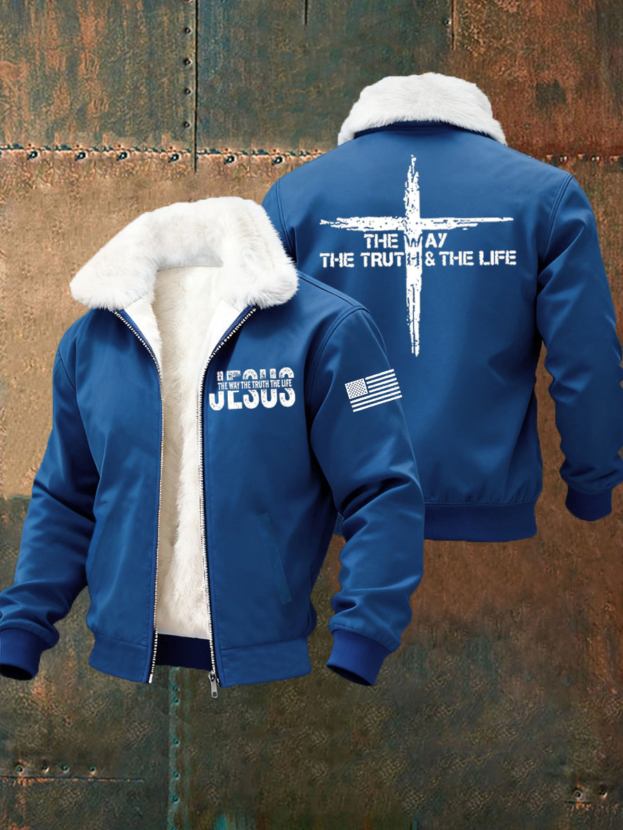 Men's Jesus The Way The Truth The Life Cross Fur Collar Zip-Up Jacket