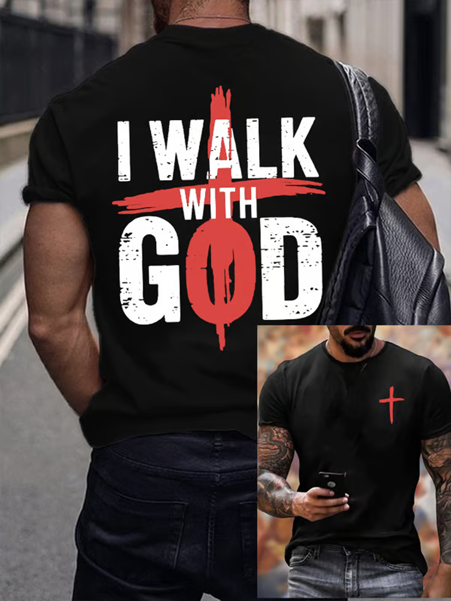Men's I Walk With God Faith Printed imitation cotton short-sleeved T-shirt