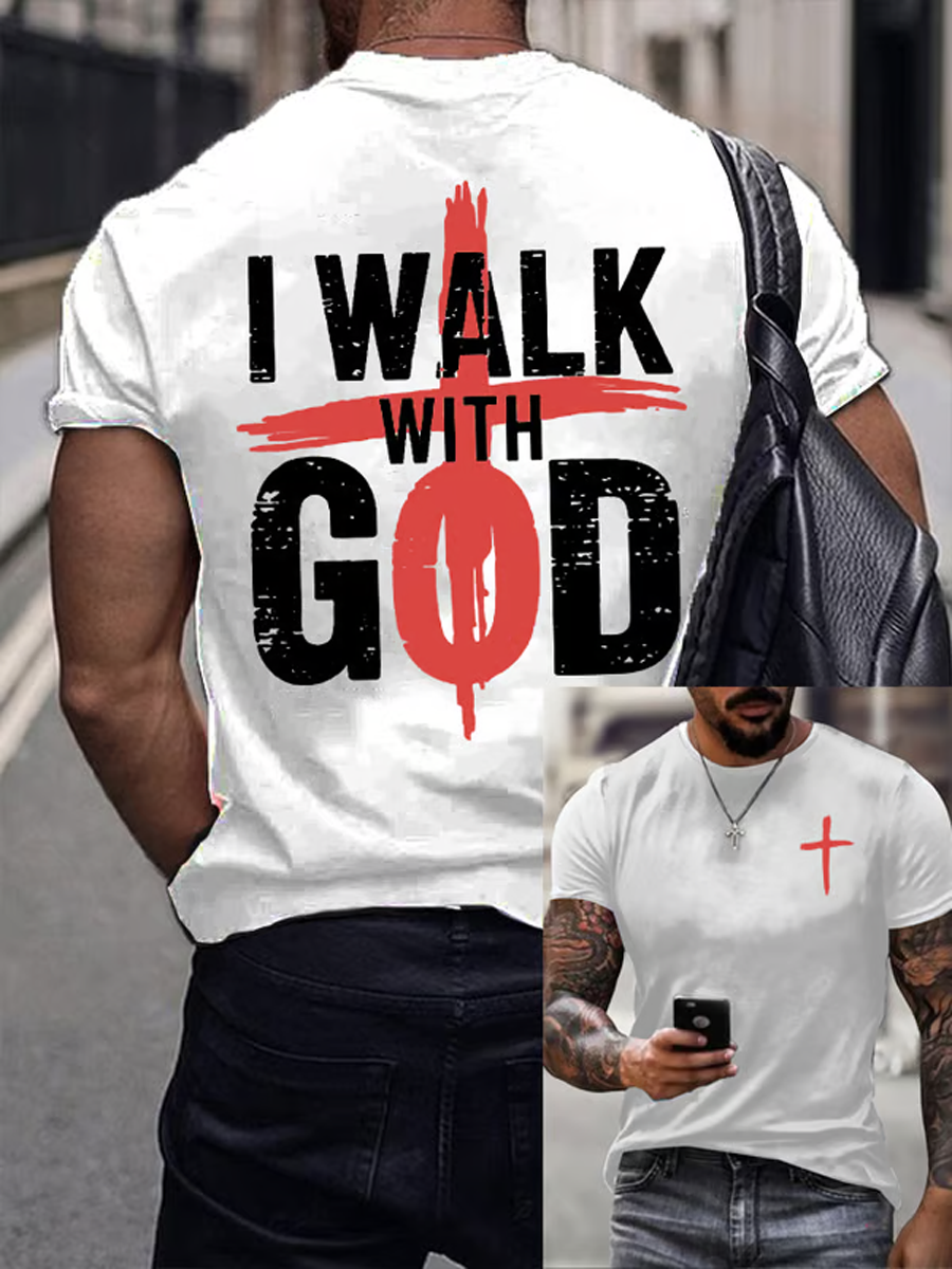 Men's I Walk With God Faith Printed imitation cotton short-sleeved T-shirt