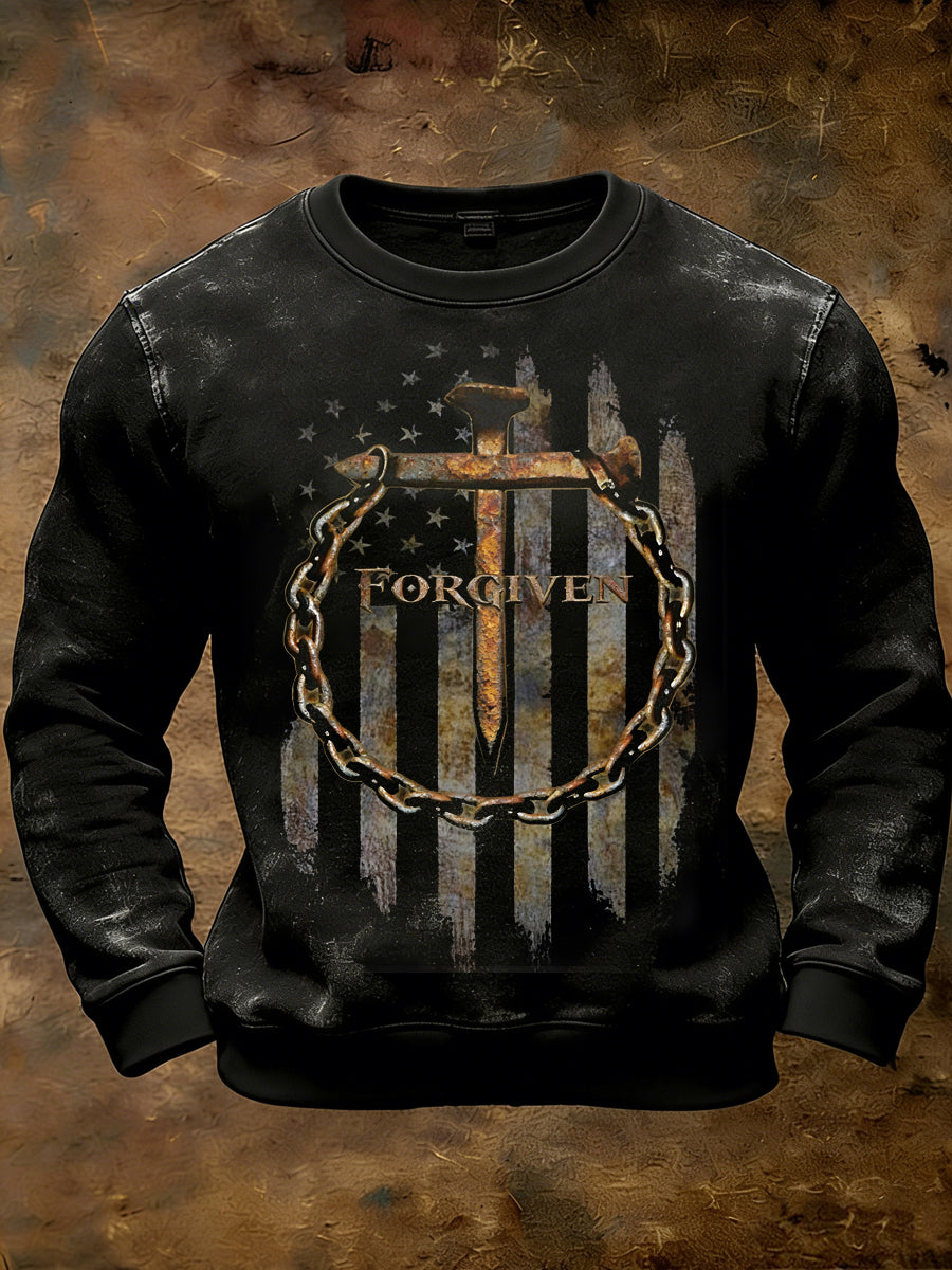 Men's Retro Forgiven Nail Cross USA Flag Print Casual Sweatshirt